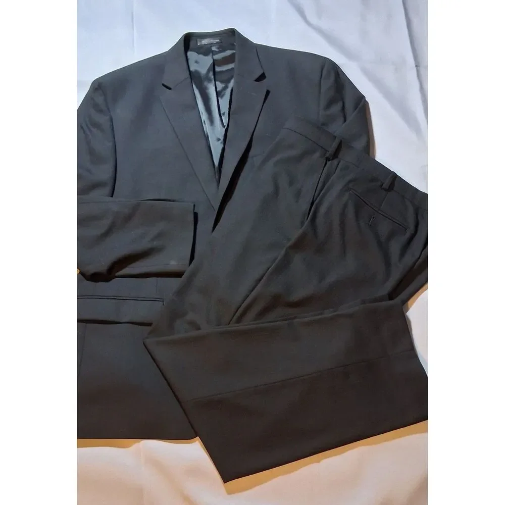 Chaps Mens Two-Piece Suit Black 46R Blazer Jacket 40x30 Pants Formal 52% Wool